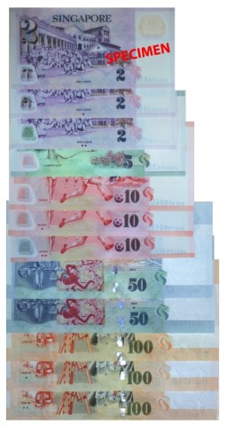 Singapore Money: Banknotes $2, $5, $10, $50, $100 with Dots