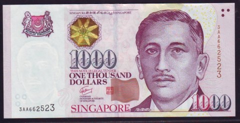 Singapore $1000 with One Diamond Obverse